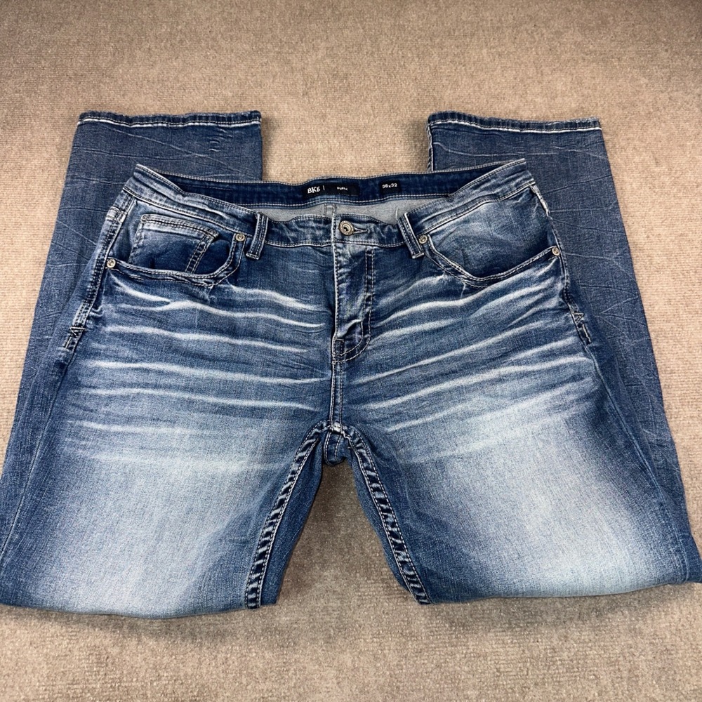 BKE Derek Slim Straight Jeans Mens 36x32 Medium Wash Distressed Denim 7143